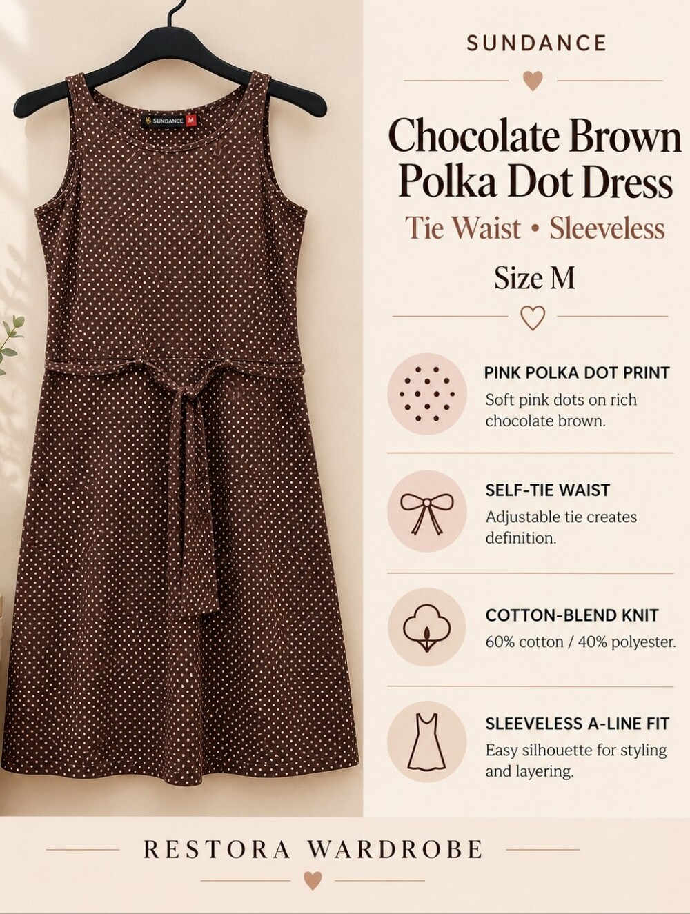 Sundance Chocolate Brown Pink Polka Dot Mini Dress Tie Waist M